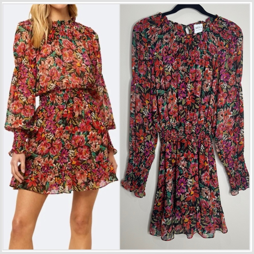 MISA Los Angeles Marin Floral Print High Neck Long Sleeve Tiered Mini Dress L